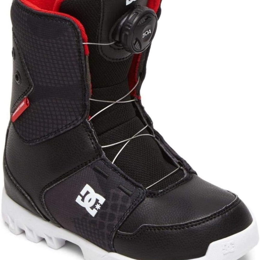 DC Black and Red Snowboard Boots with White Soles